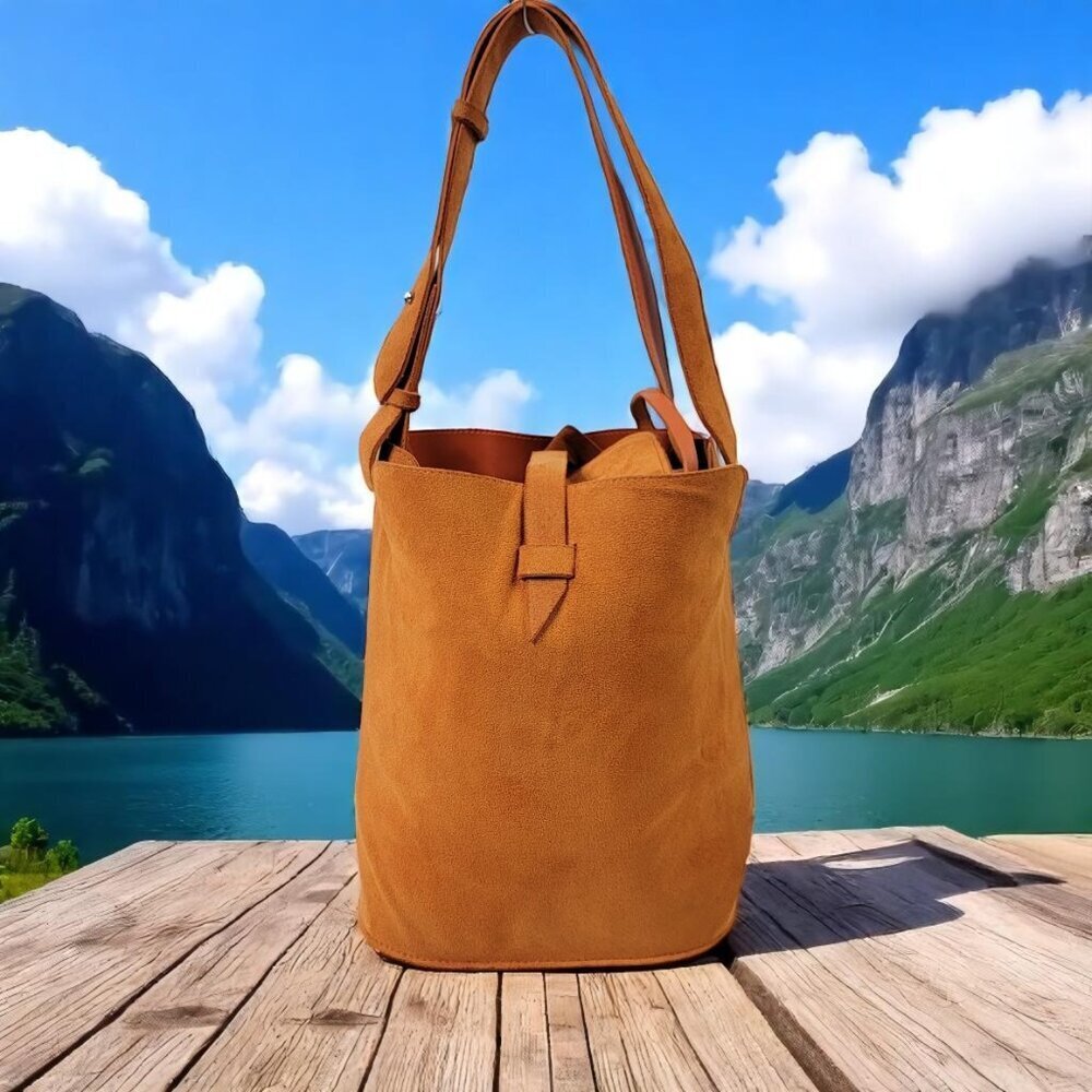 Laila by Geir Ness Burnt Orange Faux Suede Bucket Bag – Nordic Minimalist Style